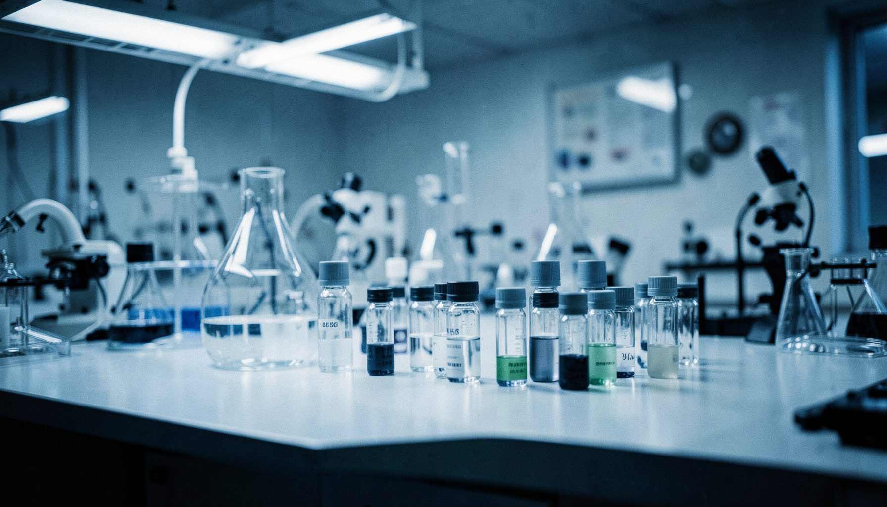 A wide laboratory bench with scientific glassware and instruments, cool white and steel tones, shallow focus on a row of sample vials under soft fluorescent light.